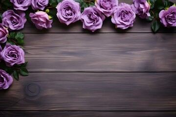 Aerial view of a stunning purple rose border on a wooden background ideal for floral arrangements. Concept Aerial View, Purple Roses, Floral Arrangements, Wooden Background, Stunning Border
