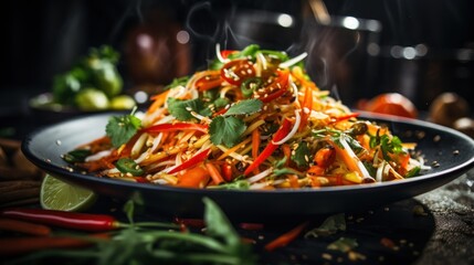 Delicious Som Tam - A plate of spicy green papaya salad.Thai street food . Healthy vegan food