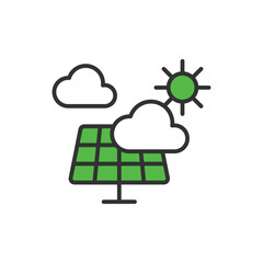 Solar panels cloud weather icon in line design, green. Solar, panels, cloud, weather, sunlight, forecast, sky isolated on white background vector. Solar panels cloud weather editable stroke icon.