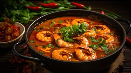 Prawn and lemon soup with mushrooms, Spicy and Sour Thai Tom Yum Goong Soup with Shrimp. Taste of Thailand