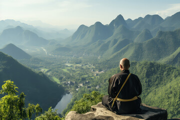Monk man is seated on edge of cliff, gazing out at vast valley spread out below him. Rugged terrain and distant mountains create striking backdrop for his contemplation