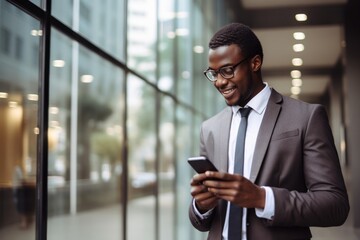 Business Professional Engaged in Mobile Communication. A focused African American businessman in smart attire using his smartphone in an office setting