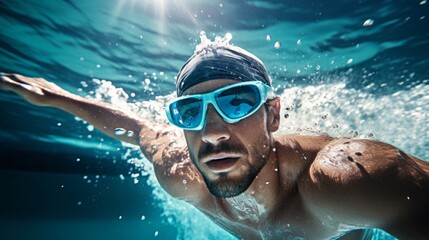 Close-up of a professional athlete, a young handsome male swimmer wearing safety glasses and a hat, swimming in a pool, participating in the World Swimming Championships. Sports, Healthy lifestyle.