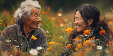 Elderly people sitting in a flower field enjoying nature.