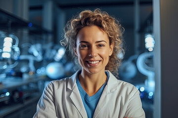 Female scientist is wearing white lab coat and smiling directly at the camera in laboratory setting. She appears confident and professional in her demeanor
