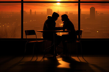 Fototapeta premium Two individuals seated at a table positioned in front of window. The pair appear to be engaged in conversation or enjoying meal while in the setting of cozy indoor space