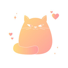 Vector cartoon cat. Bright and colorful orange and yellow gradient. Suspicious beautiful kitten isolated on a white background. Cute illustration.