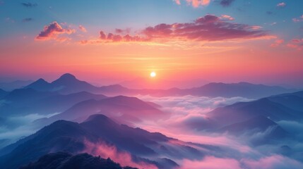 Fototapeta premium tranquil sunrise over a range of mist-covered mountains, the warm glow of the sun painting the sky in shades of orange and pink, the scene embodying t