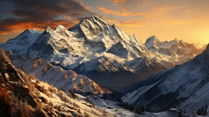Sunrise over a mountain range, golden light spilling over snow-capped peaks, valleys in soft shadow, capturing the awe-inspiring beauty of mountainous