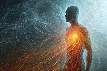 Graphic representation of magnetic storms influencing the body's bioelectric field, exploring connections with feelings of unease or restlessness