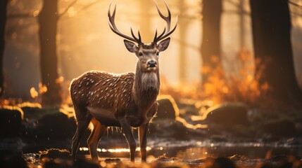 Majestic deer in a misty forest at dawn, soft light filtering through the trees, serene and natural wildlife scene, Photography, telephoto lens to cap - obrazy, fototapety, plakaty
