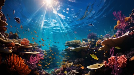 Vibrant coral reef teeming with colorful fish, intricate coral structures, clear blue water, showcasing the diversity and beauty of underwater ecosyst