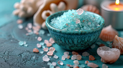 Fototapeta na wymiar Blue sea salt in a plate on a blue background, spa and culinary concept 