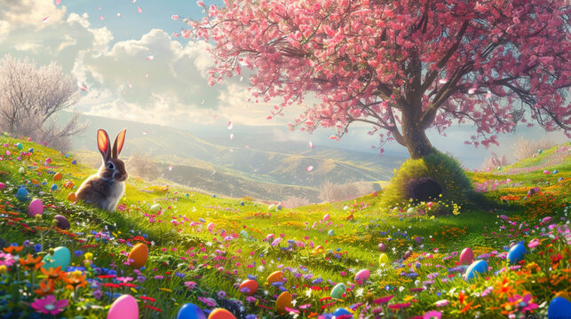  A field of vibrant wildflowers, with the Easter Bunny's burrow peeking out from beneath a blossoming tree, surrounded by hidden eggs