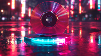 compact disc on neon background, digital optical disc data storage, multimedia  - obrazy, fototapety, plakaty