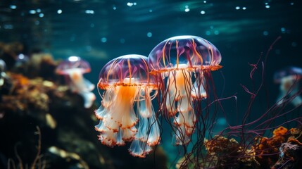 Jellyfish floating elegantly in deep blue water, translucent body and tentacles visible, creating a sense of calm and otherworldliness, Photorealistic