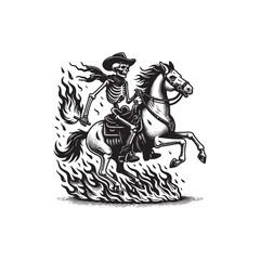 cowboy skeleton on fire riding horse vector illustration