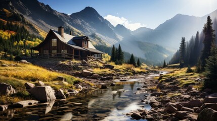 Mountain cabin nestled in a forest clearing, smoke rising from the chimney, surrounded by towering peaks, capturing the solitude and beauty of mountai - obrazy, fototapety, plakaty