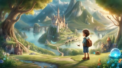 A beautiful scene of a charming boy discovering a magical world filled with wonder. - obrazy, fototapety, plakaty