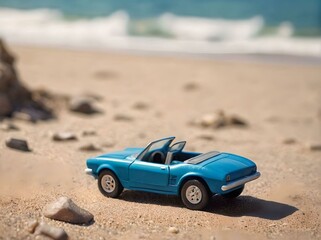 Toy car on the sandy beach. Cocept of vacation traveling by car