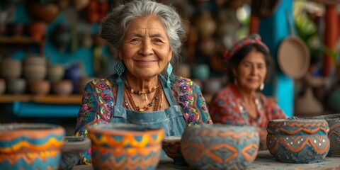 In a picturesque village, an elderly Asian woman shares her pottery in a show of tradition and togetherness.