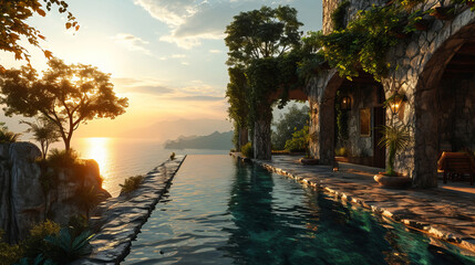 A luxurious villa with pool on the ocean coast at sunset.
