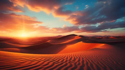 Poster Sunset over a desert in an exotic country, vast sand dunes creating patterns, warm hues, capturing the harsh yet beautiful environment, Photography, l © ProVector