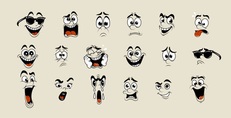 Set of retro faces. Vintage emotional face, old style funny eyes and mouth, different facial expression. Vector set
