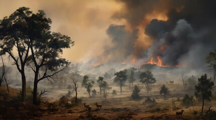 Bush fire in wilderness area. Nature on fire.Danger and Disaster. Global warming and climate change impact on environment.