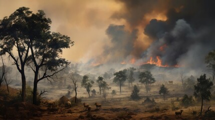 Fototapeta premium Bush fire in wilderness area. Nature on fire.Danger and Disaster. Global warming and climate change impact on environment.