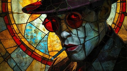 Artistic representation of a figure with a hat and sunglasses against a textured stained-glass backdrop, evoking intrigue. - obrazy, fototapety, plakaty