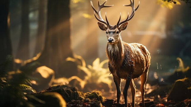 Fototapeta Majestic deer in a misty forest at dawn, soft light filtering through the trees, serene and natural wildlife scene, Photography, telephoto lens to cap