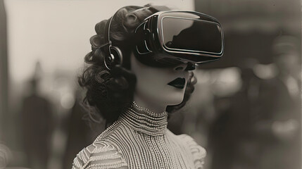 Retro futuristic portrait of a woman in renaissance clothing wearing VR headset. Created using...