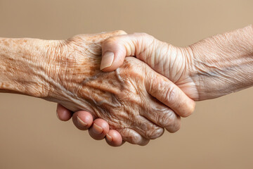 Wrinkled hands of seniors shaking hands. The wrinkles on your hands are etched with the rings of life.
