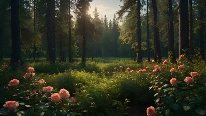 Deurstickers A beautiful forest landscape with trees in the spring, there are colorful roses, the lighting is calm and the sky is clear 8k, REAL, raw style © Ahmed