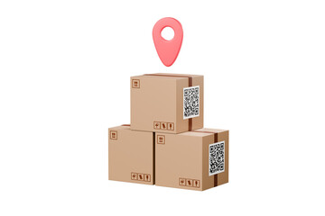 3D Location mark and Cardboard box stack on ground icon. Logistics and Factory concept. Fast delivery and Order or parcel tracking icon. Pin marker icon. isolated orange background. 3D Rendering.