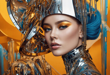 A metallic-clad woman, with a human face and mannequin-like stance, embodies the concept of a living doll in the world of high fashion