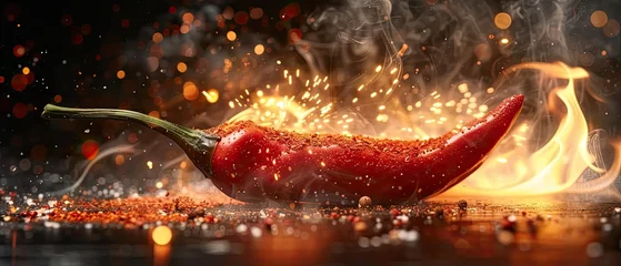 Fotobehang Red hot chili pepper in fire on black background. Chili pepper burning in fire.Generative Ai © ZzGooggiigz