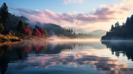 Tranquil lake at sunrise, mirror-like water reflecting the pastel sky, surrounded by forested hills, serene and peaceful, Photography, taken with a 24