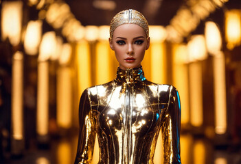 A metallic-clad woman, with a human face and mannequin-like stance, embodies the concept of a living doll in the world of high fashion