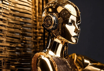 A metallic-clad woman, with a human face and mannequin-like stance, embodies the concept of a living doll in the world of high fashion