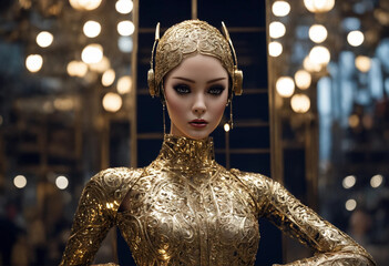 A metallic-clad woman, with a human face and mannequin-like stance, embodies the concept of a living doll in the world of high fashion