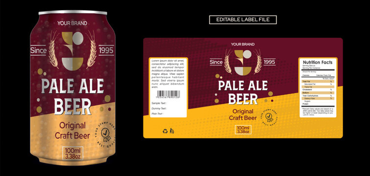Beer Can label design, Pale Ale Beer label design, Brewery packaging crafted beer handmade label template design editable illustration file