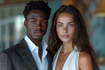 A fashionable and stylish interracial couple, radiating love and tenderness, enjoying each other's company.