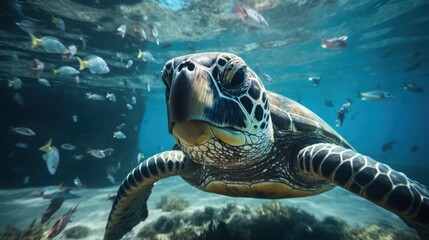 Obraz premium Garbage under the sea, marine animals. Focus on a large sea turtle in the mouth of a garbage can. Because think it's food.