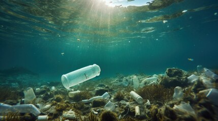 Garbage under the sea, Focus on a large sea shrimp. Conservation of ecology and garbage collection for recycling. Concept of coastal cleanup and global environmental pollution.
