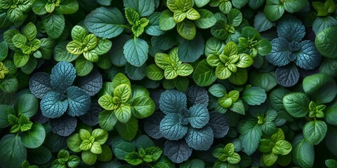 Fresh, vibrant green leaves of peppermint and spearmint create a lush, aromatic botanical backdrop.
