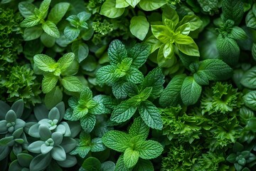 Lush green herbs - mint, peppermint, and spearmint - convey freshness and health in nature. - obrazy, fototapety, plakaty