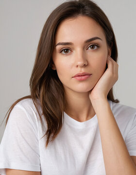 realistic photo of a beautiful pensive brunette in a white T-shirt on a white background