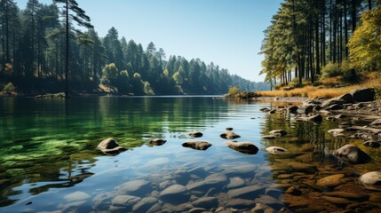 Naklejka premium Panoramic shot of a tranquil lake surrounded by forest, reflections on the water, showcasing the peace and symmetry of natural scenery, Photorealistic